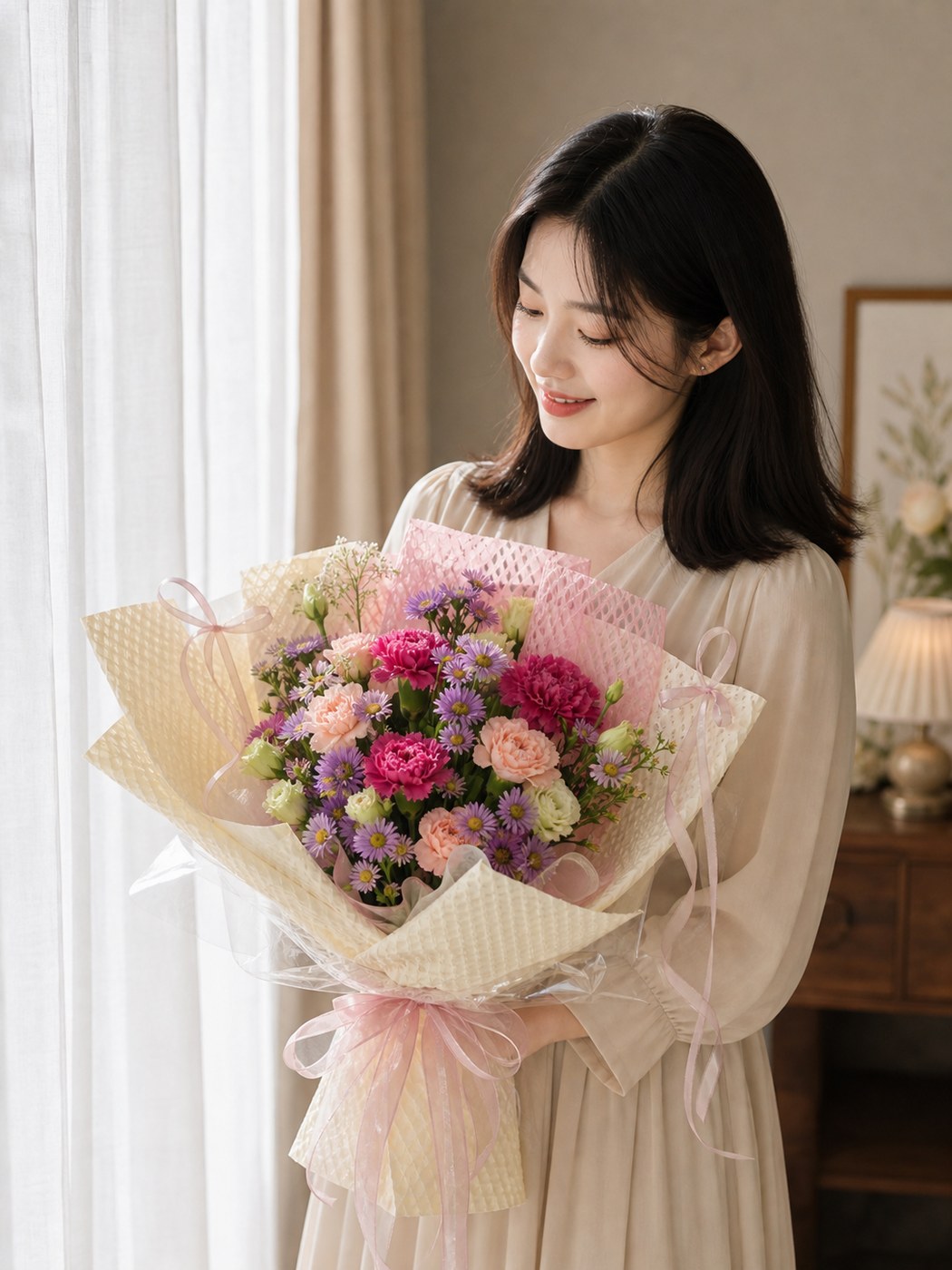 19 - Cream Pink Purple Daisy Bouquet - photo 3